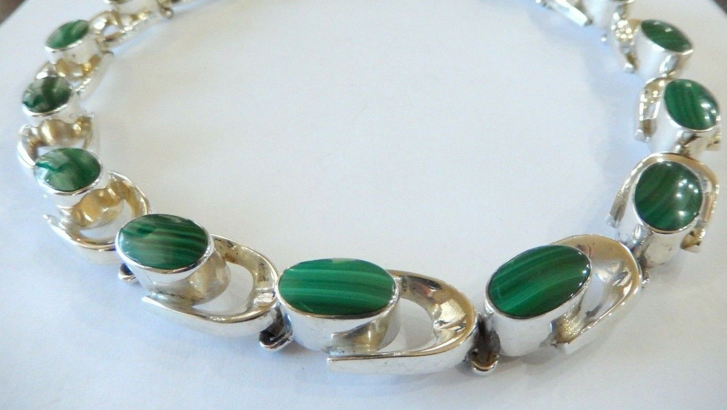 *RARE* VINTAGE HEAVY 175g TC-79 TAXCO 925 STERLING  MALACHITE LINK NECKLACE 18”