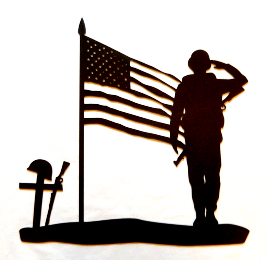 ~NEW~ LARGE - 14ga. "SOLDIER SALUTING AMERICAN FLAG" Metal Wall Art ~ 18" x 18"
