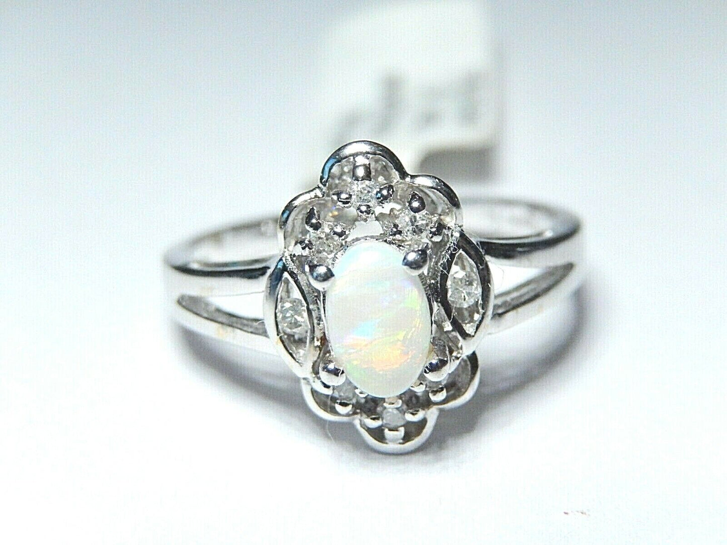 *NWT* 14K White Oval Opal &  Halo Diamond Ladies Ring Size 6.5