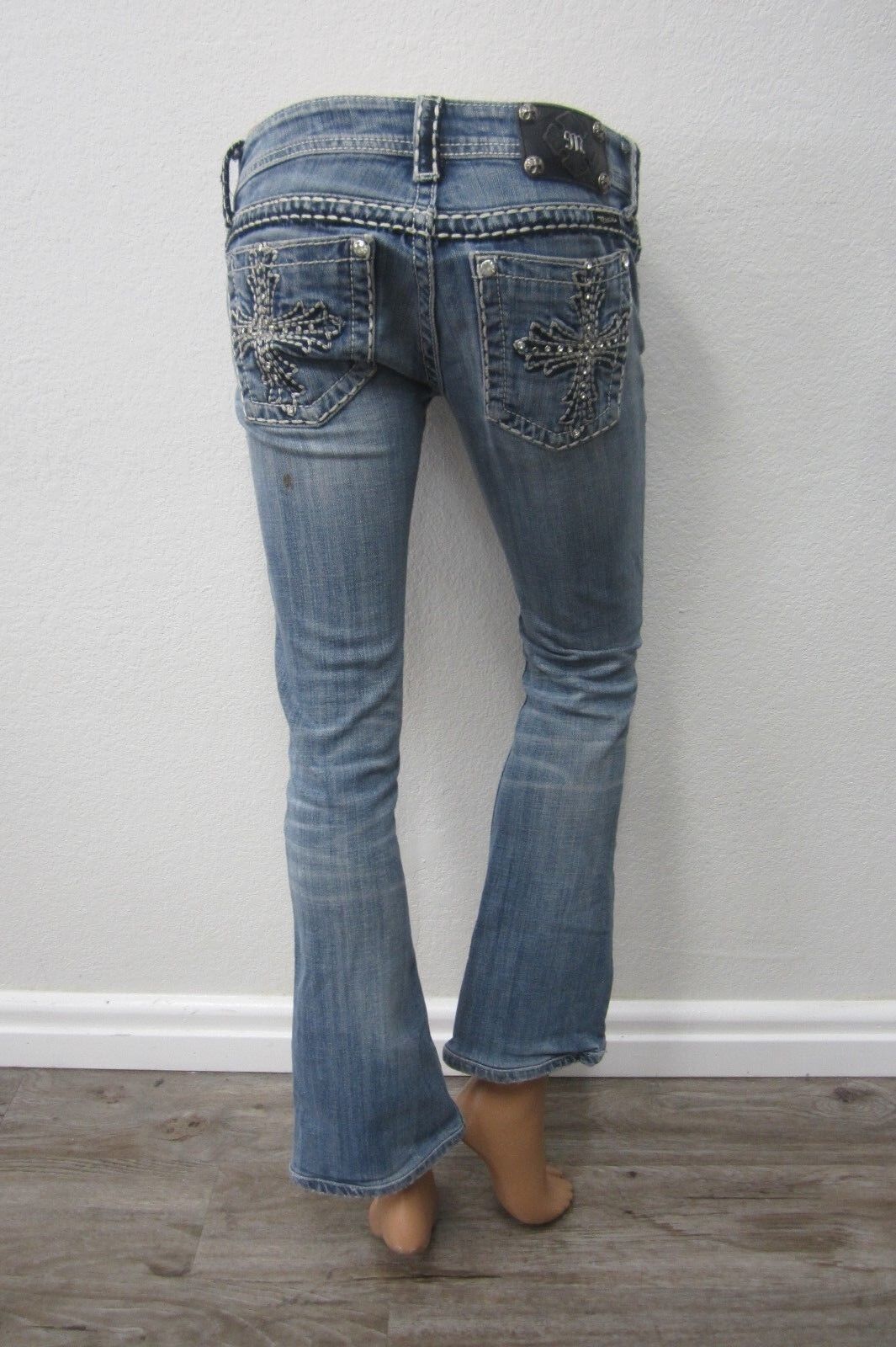 *NICE* MISS ME~Boot Cut Denim Embellished Cross CUTE Blue JEANS Size W26 x L31