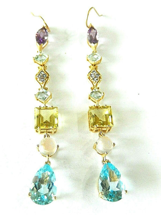 *NEW*  14K YELLOW GOLD MULTI GEMSTONE 3" HANGING DANGLE DROP LONG EARRINGS