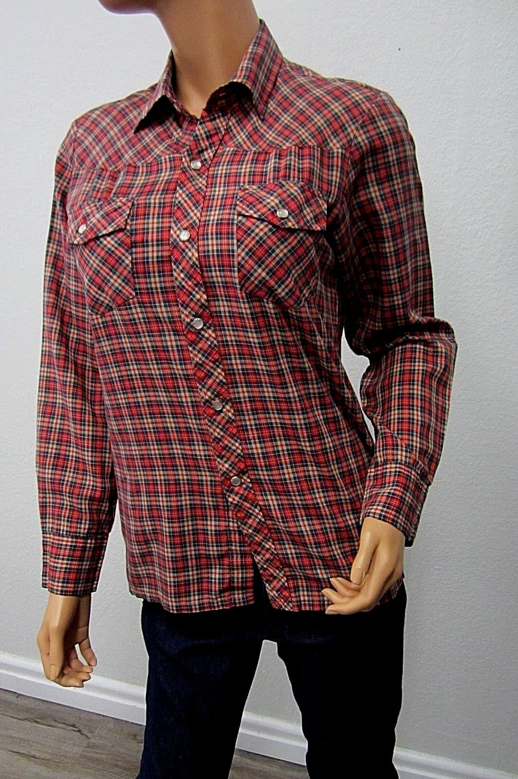 NICE Lariat Womens  Shirt L Long Sleeve Pearl Snap Front Red Plaid Western Sz 18