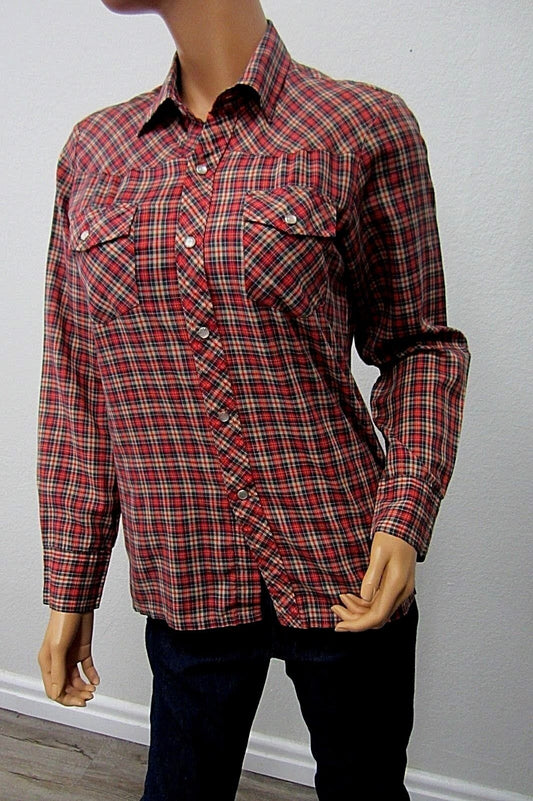 NICE Lariat Womens  Shirt L Long Sleeve Pearl Snap Front Red Plaid Western Sz 18