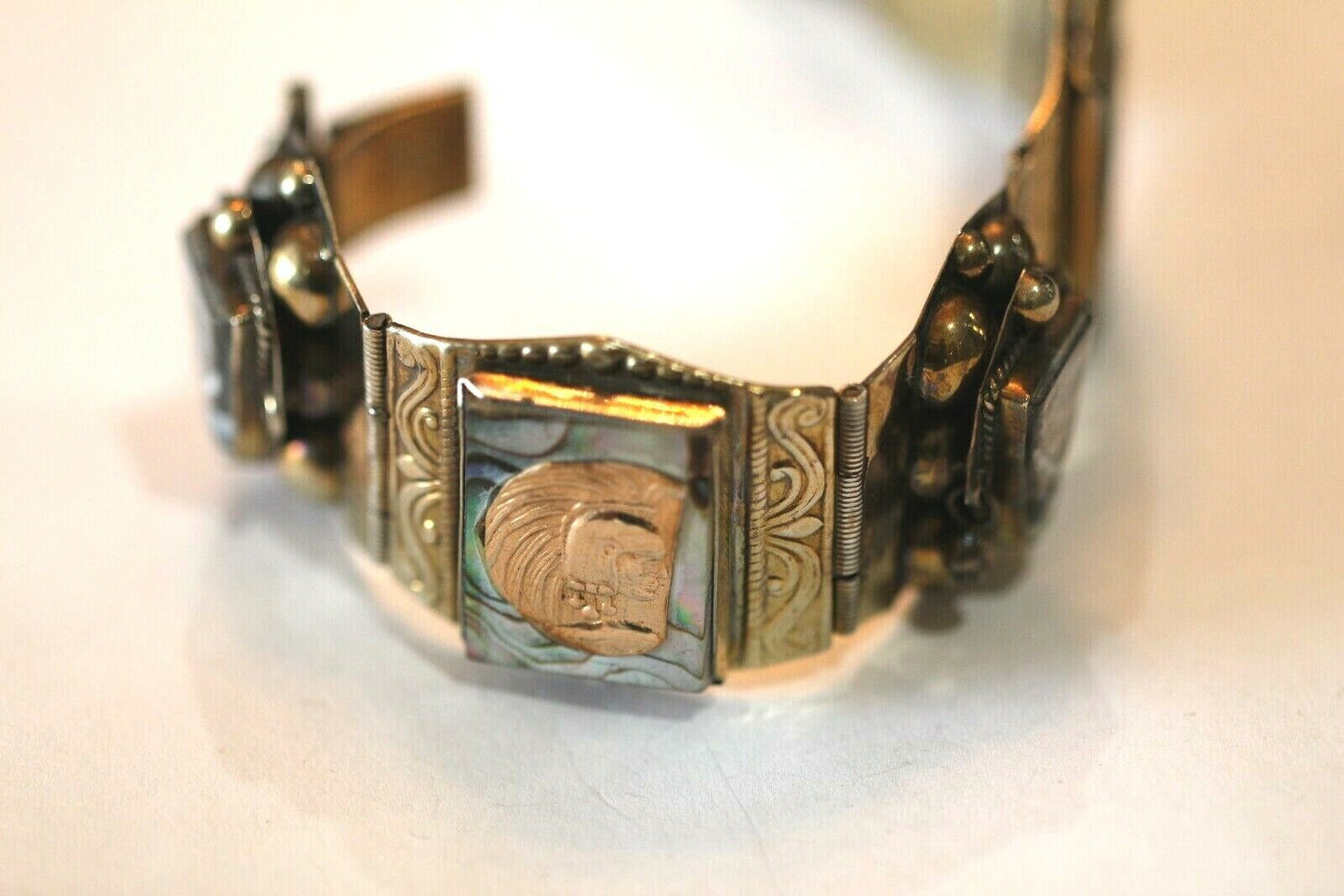 *VINTAGE*  Mexican Taxco 18K Gold  Vermeil .925 Design Bracelet Abalone 7.25"