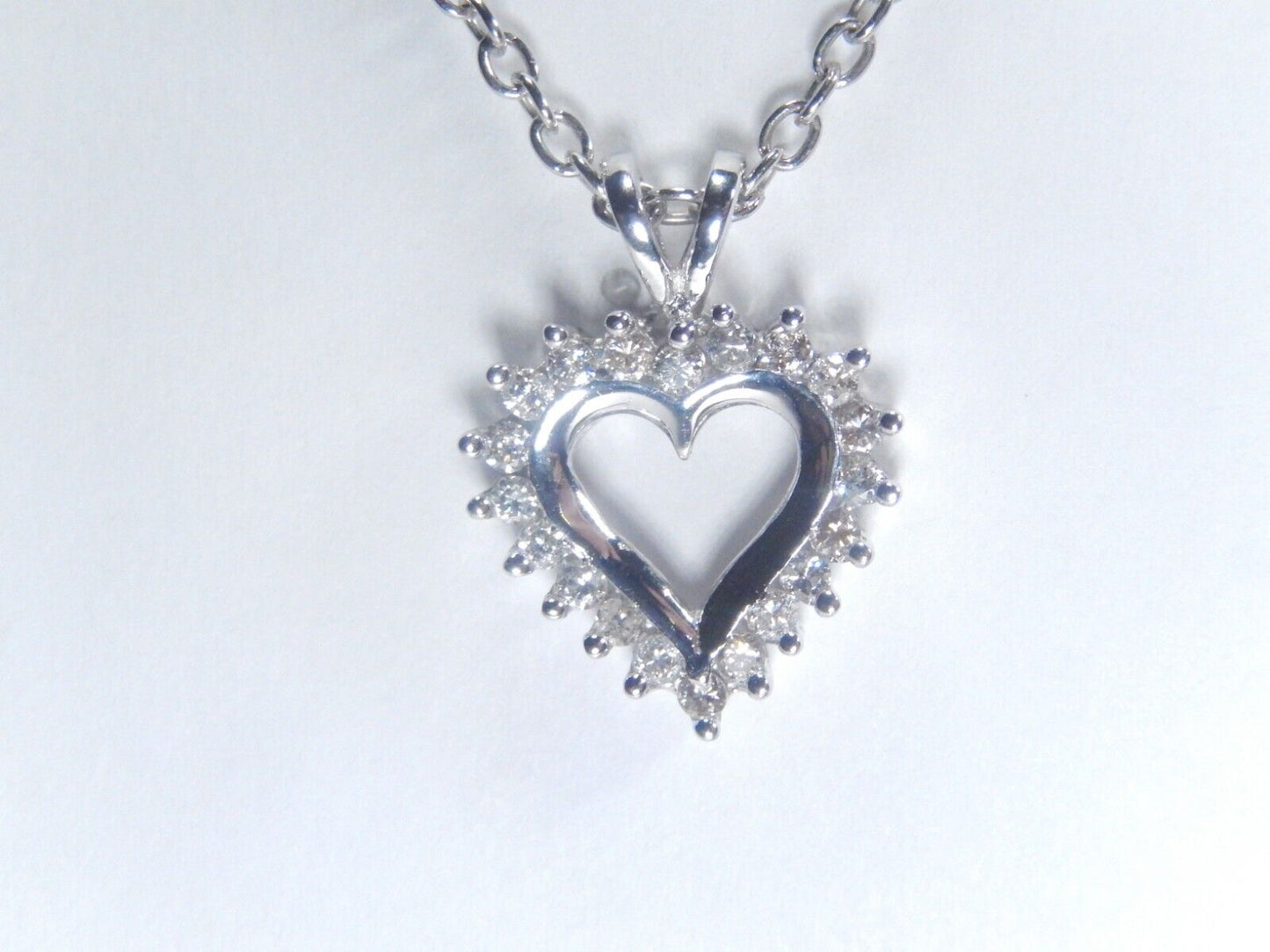14K White Gold .25 CT Natural Diamond Open Heart Pendant w/18" chain