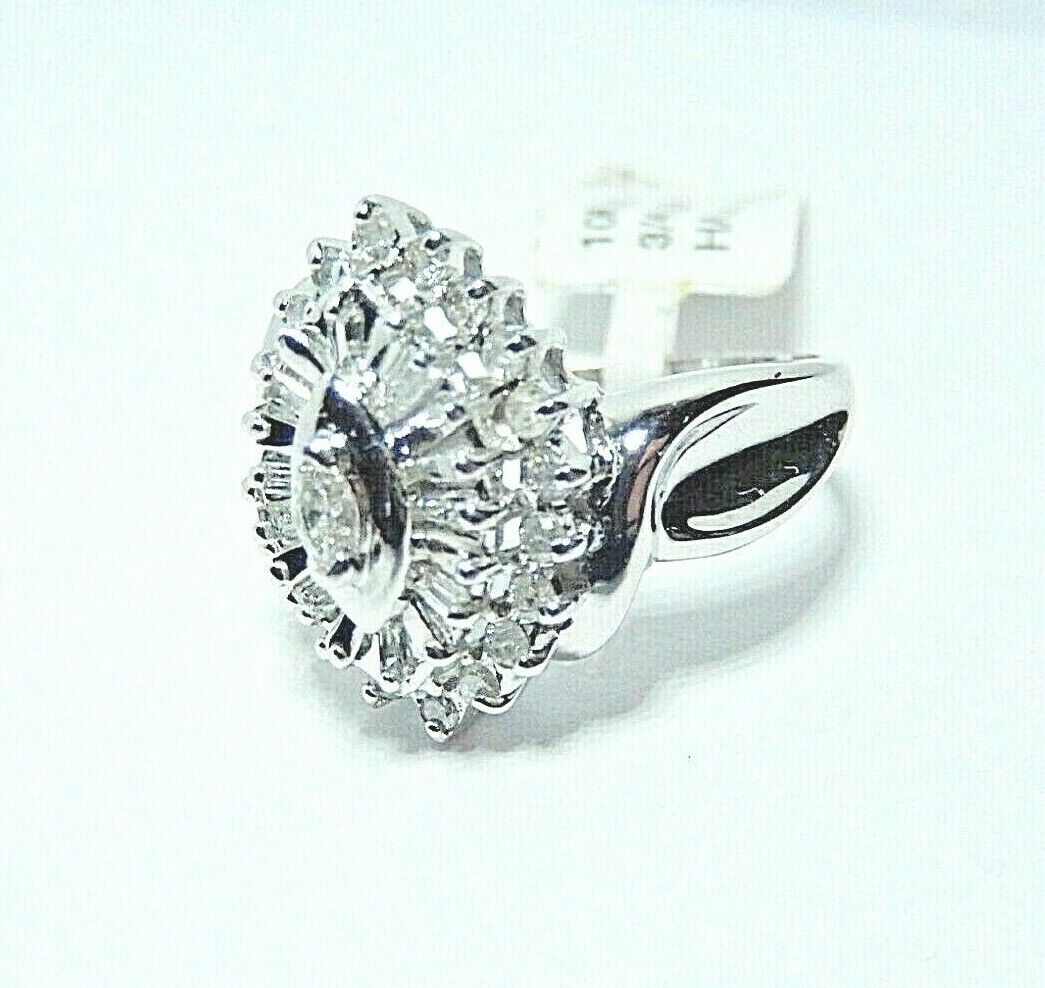*NWT* 10K White Gold.75 CT Round & Baguette Shape Diamond Marquise Cluster Ring