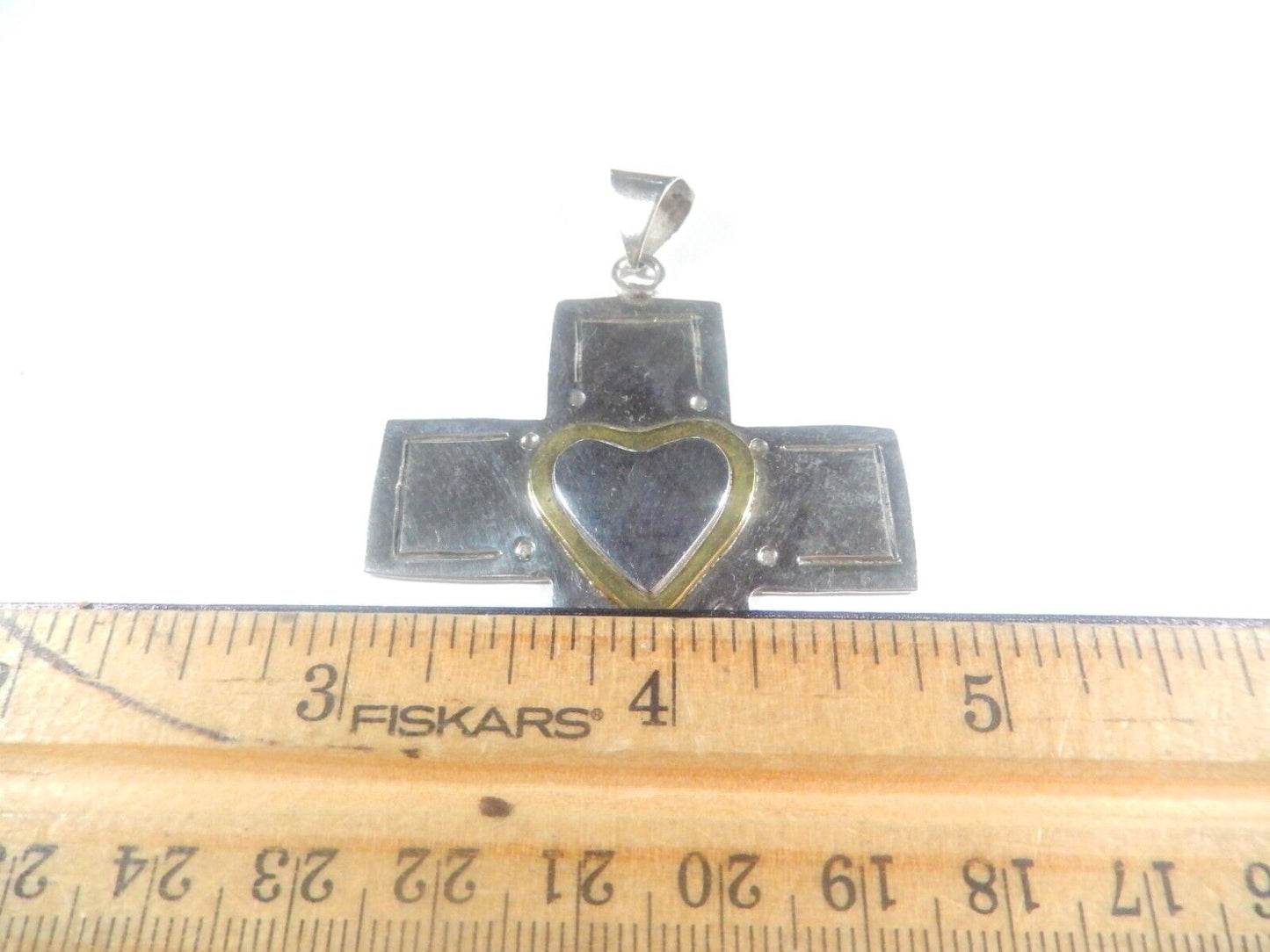 *VINTAGE*  LARGE Mexico Handmade Sterling Silver & Brass Heart  Cross Pendant