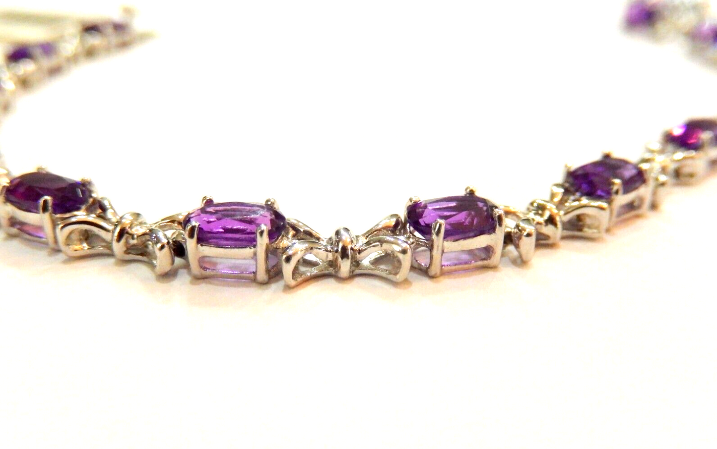 *NWT* 14K White Gold 7.0 CT Natural Oval Cut Amethyst Fancy Link 7" Bracelet