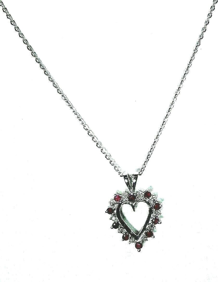 *NEW*  10K WHITE GOLD NATURAL DIAMOND & NATURAL RUBY HEART PENDANT w.18" Chain