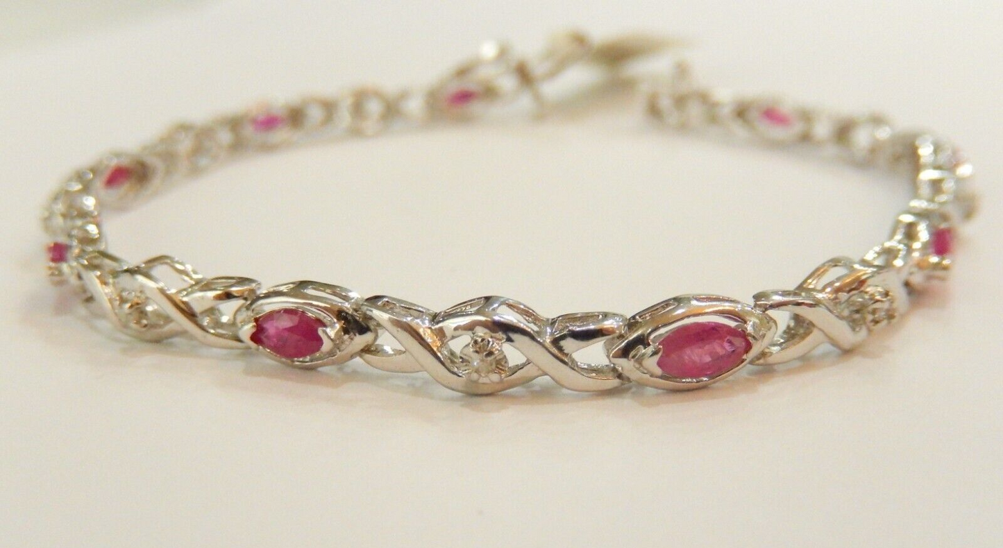 *NWT* 10k White Gold Natural Marquise Shape Red Ruby & Round Diamond Bracelet 7"
