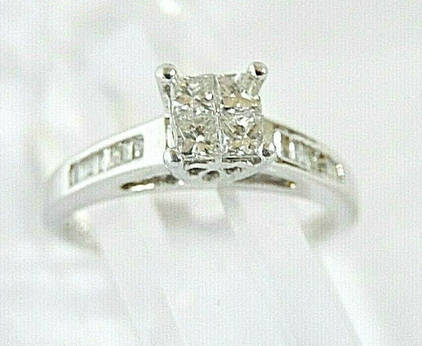 14k White Gold Princess Cut & Baguette Natural Diamond Engagement Ring Size 6.75
