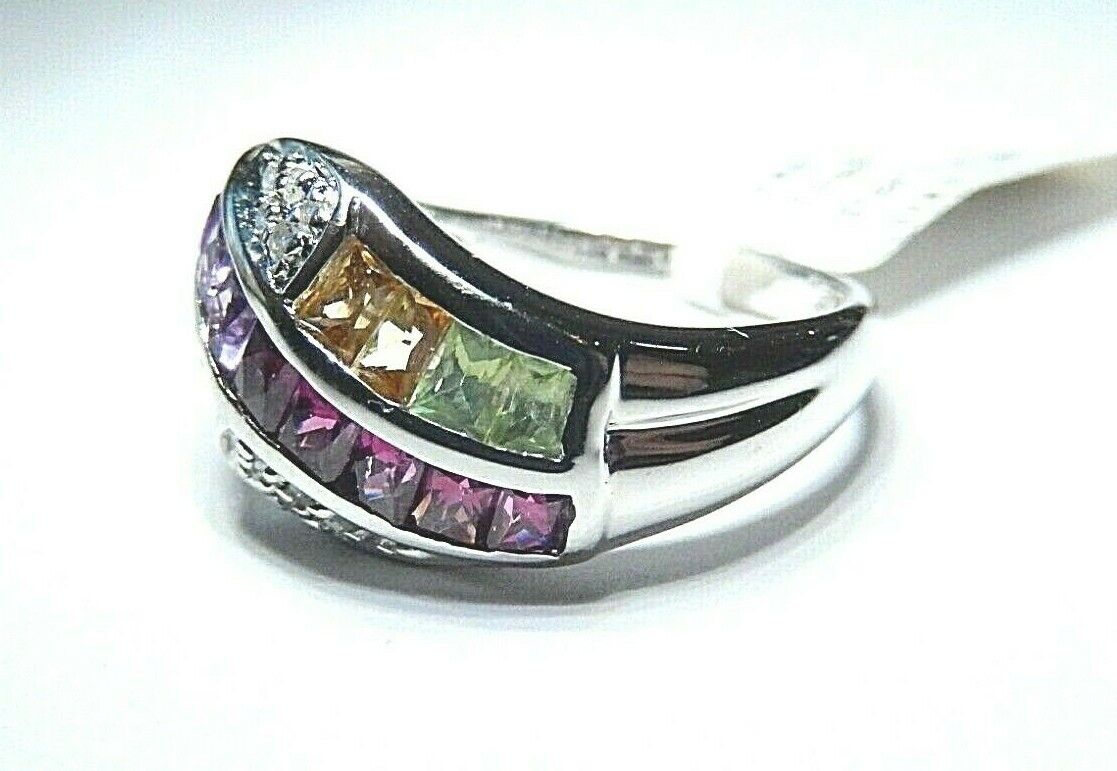 *NWT* 14K White Gold  11mm Wide Multi Gemstone & Diamond Ladies Ring  Size 7