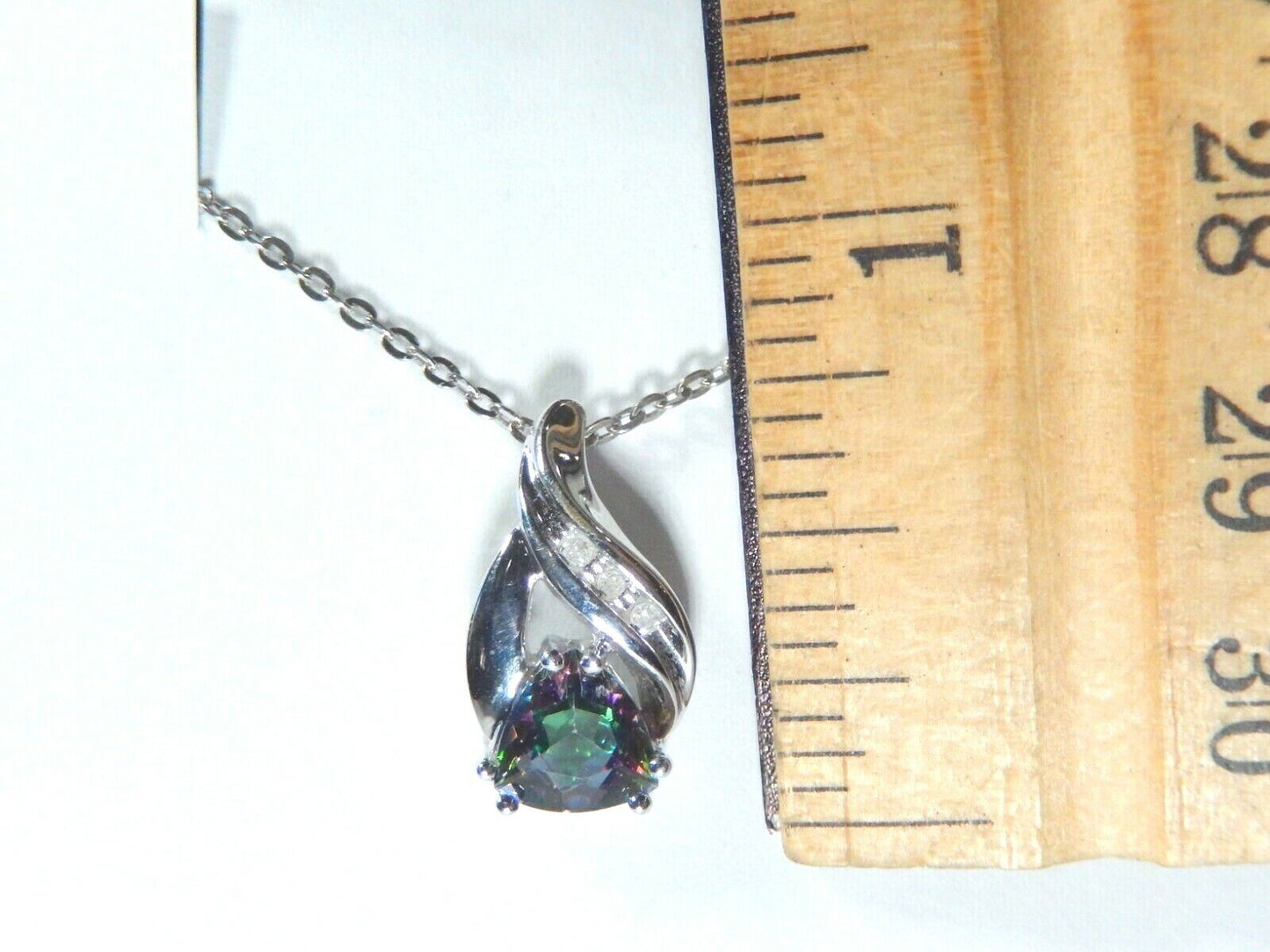 *NWT*  10k White Gold Mystic Topaz Trillion & Diamond Pendant and 18'' Chain