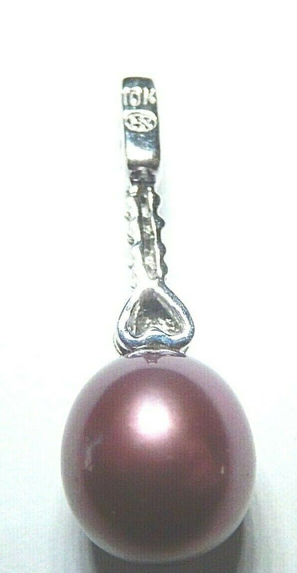 *NWT* 10k Solid White Gold Real Purple 8.5mm Pearl & 8 Diamond Pendant 1" Tall