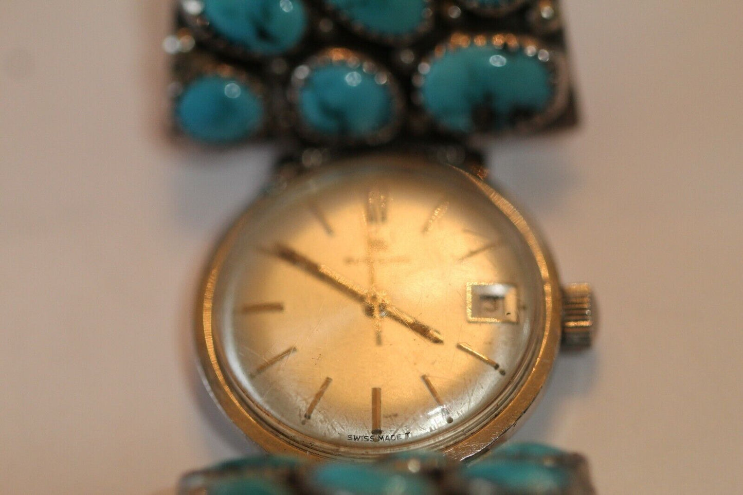 *VINTAGE*  Signed Native American Sterling Silver & Turquoise Watch Band & Watch