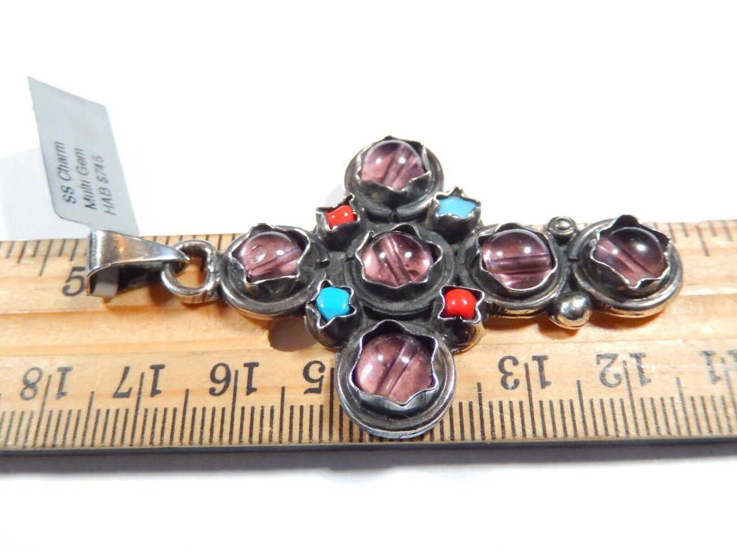 *VINTAGE*  LARGE Taxco Mexico Sterling Silver Multi Gem Cross Pendant Signed