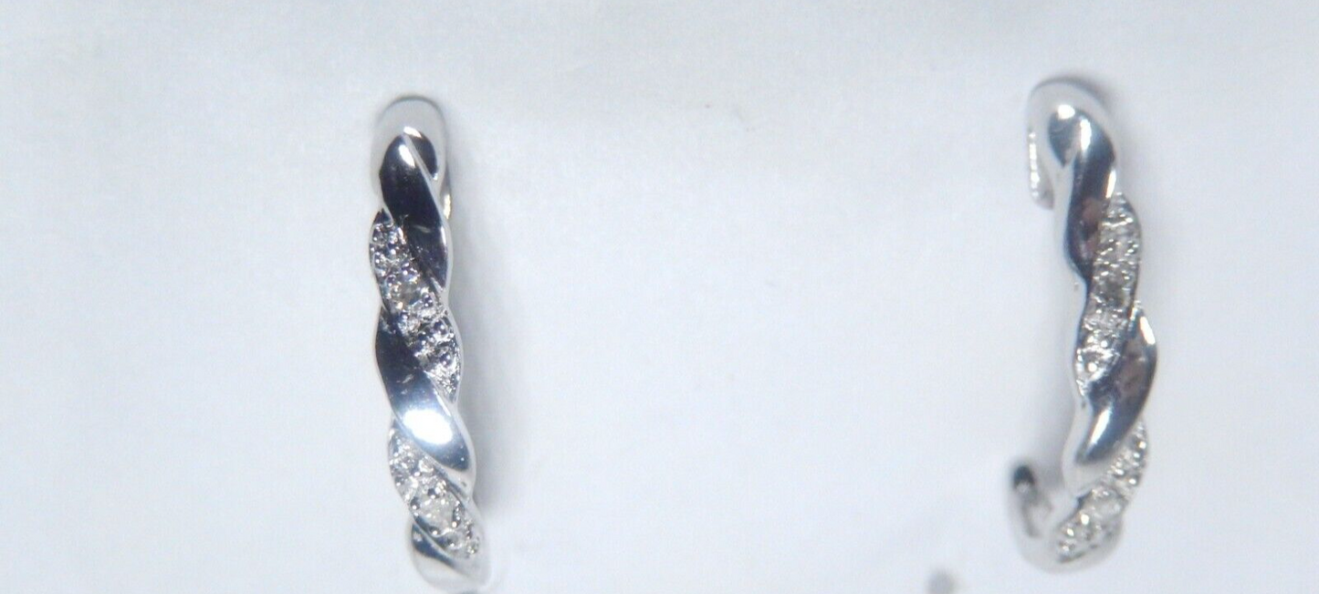 10K White Gold Round Natural Diamond J Shape Hoop Earrings