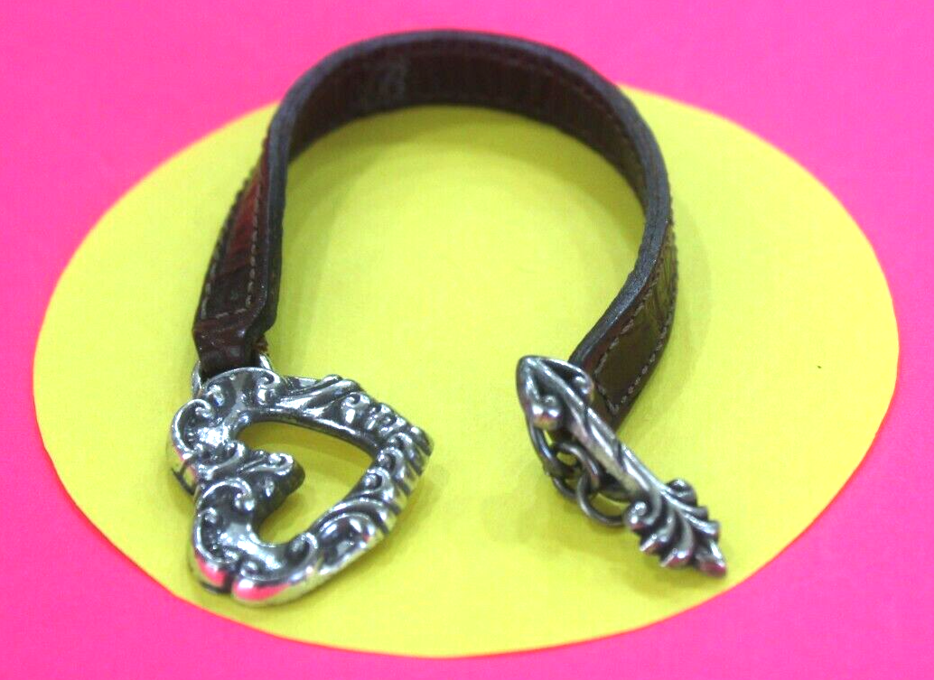 RETIRED Brighton silver tone Brown Leather w/ Heart Scroll Ornate bracelet