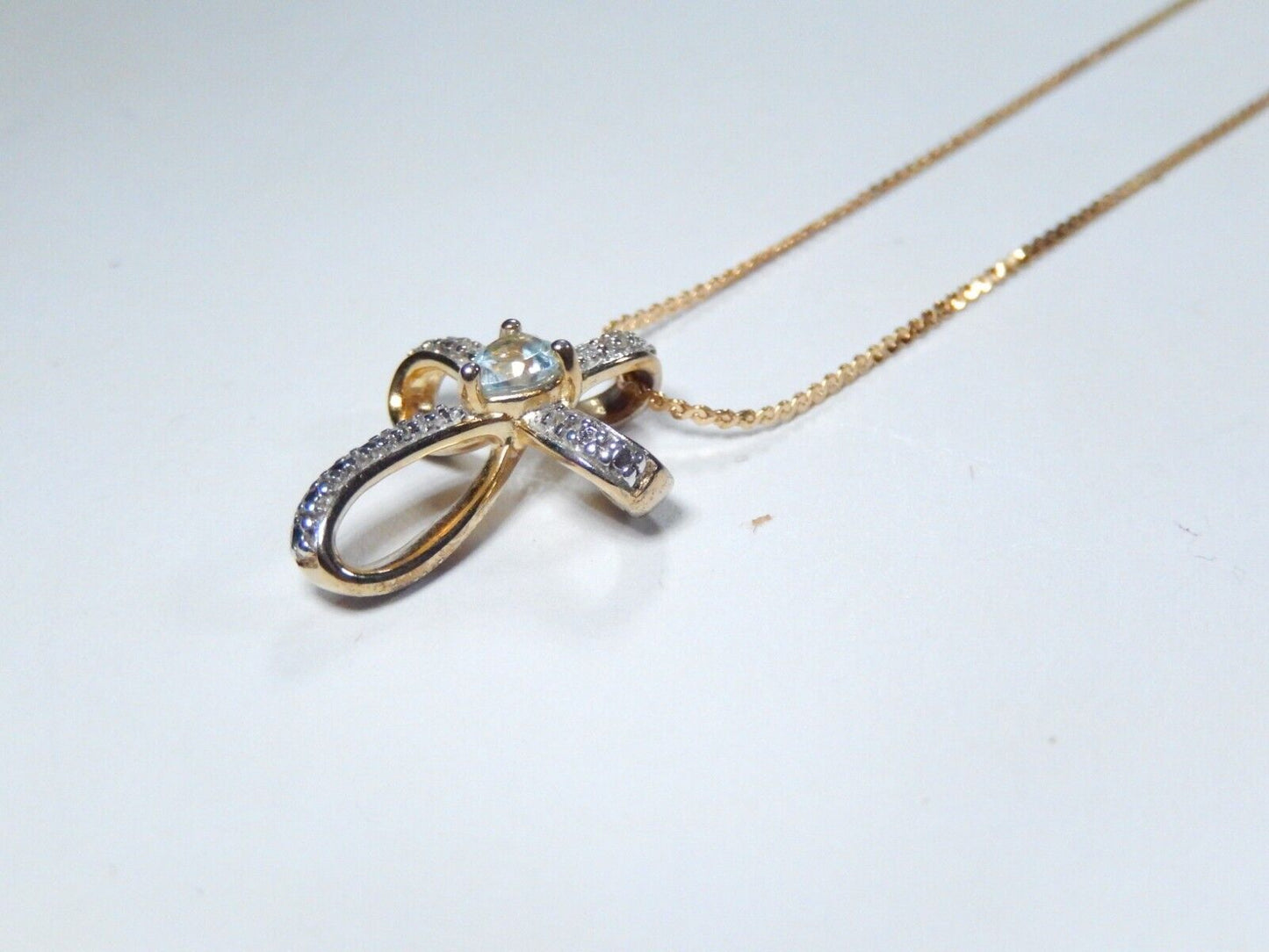 *VINTAGE* Gold Vermeil Sterling Ribbon Cross Blue Topaz Pendant w/16"chain