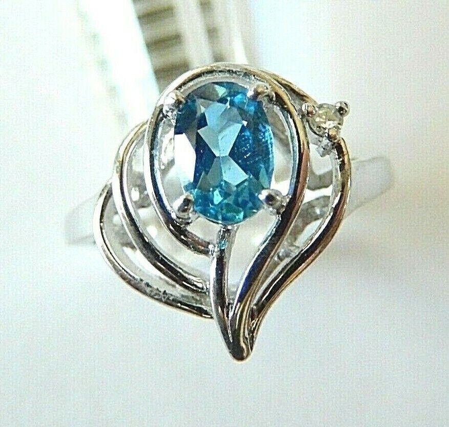 10K White Gold Blue Topaz and Diamond Ring Size 5