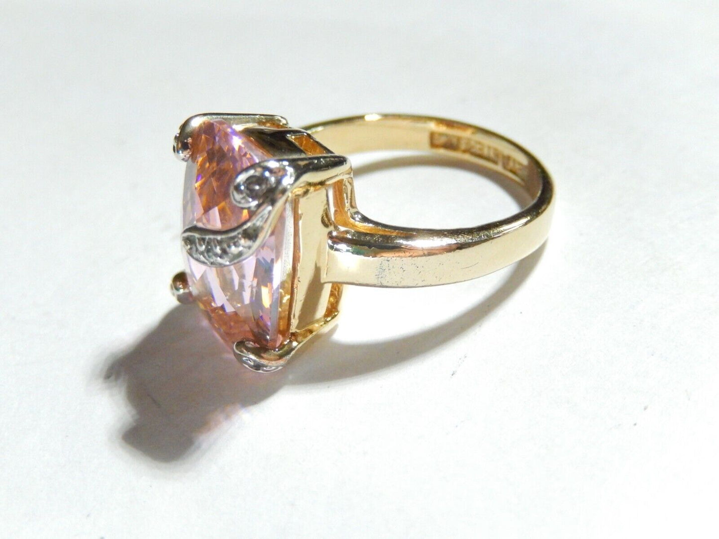 *VINTAGE*  Sterling Gold Vermeil CZ Pink 16.0CT Rectangle Cocktail Ring Size 8