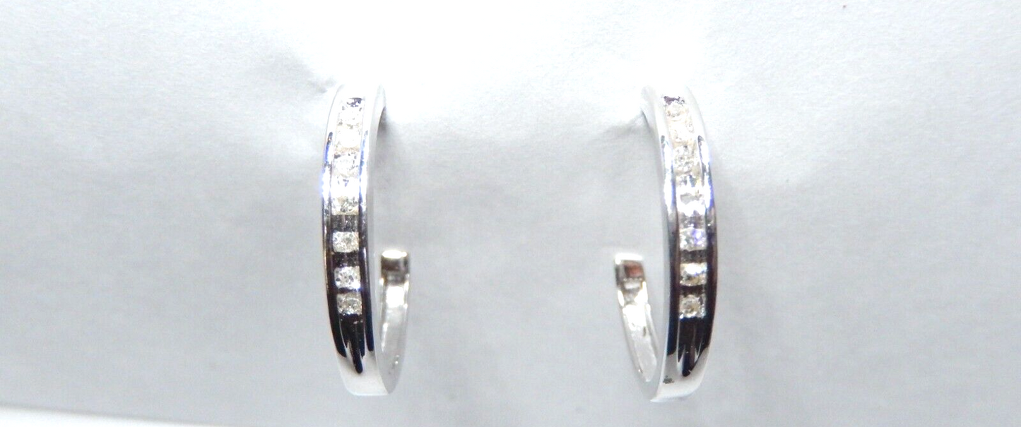 10K White Gold 1/10Ct Natural Diamond 18mm 3/4 Hoop Earrings