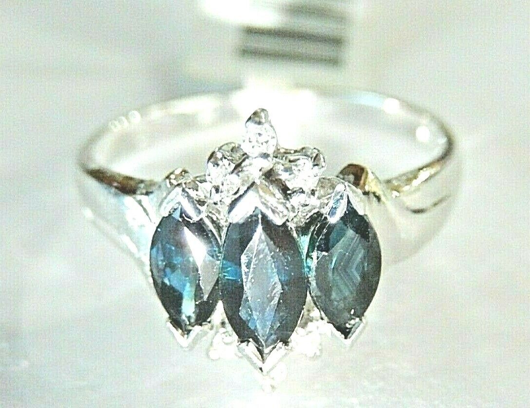 *NWT* 10k White Gold Marquise Sapphire And Six Diamond Three Stone Ring Size 7