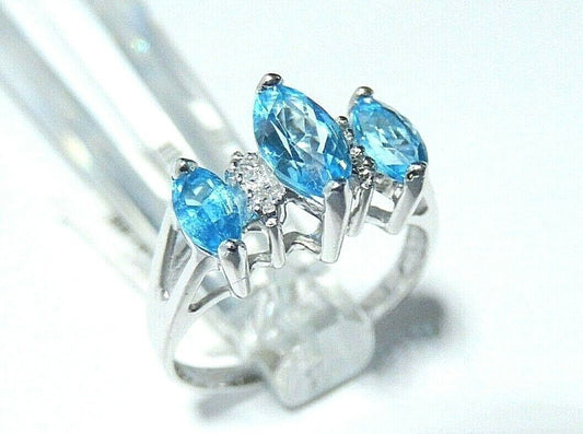 14K WHITE GOLD MARQUISE CUT BLUE TOPAZ AND DIAMONDS 1CT RING SIZE 7