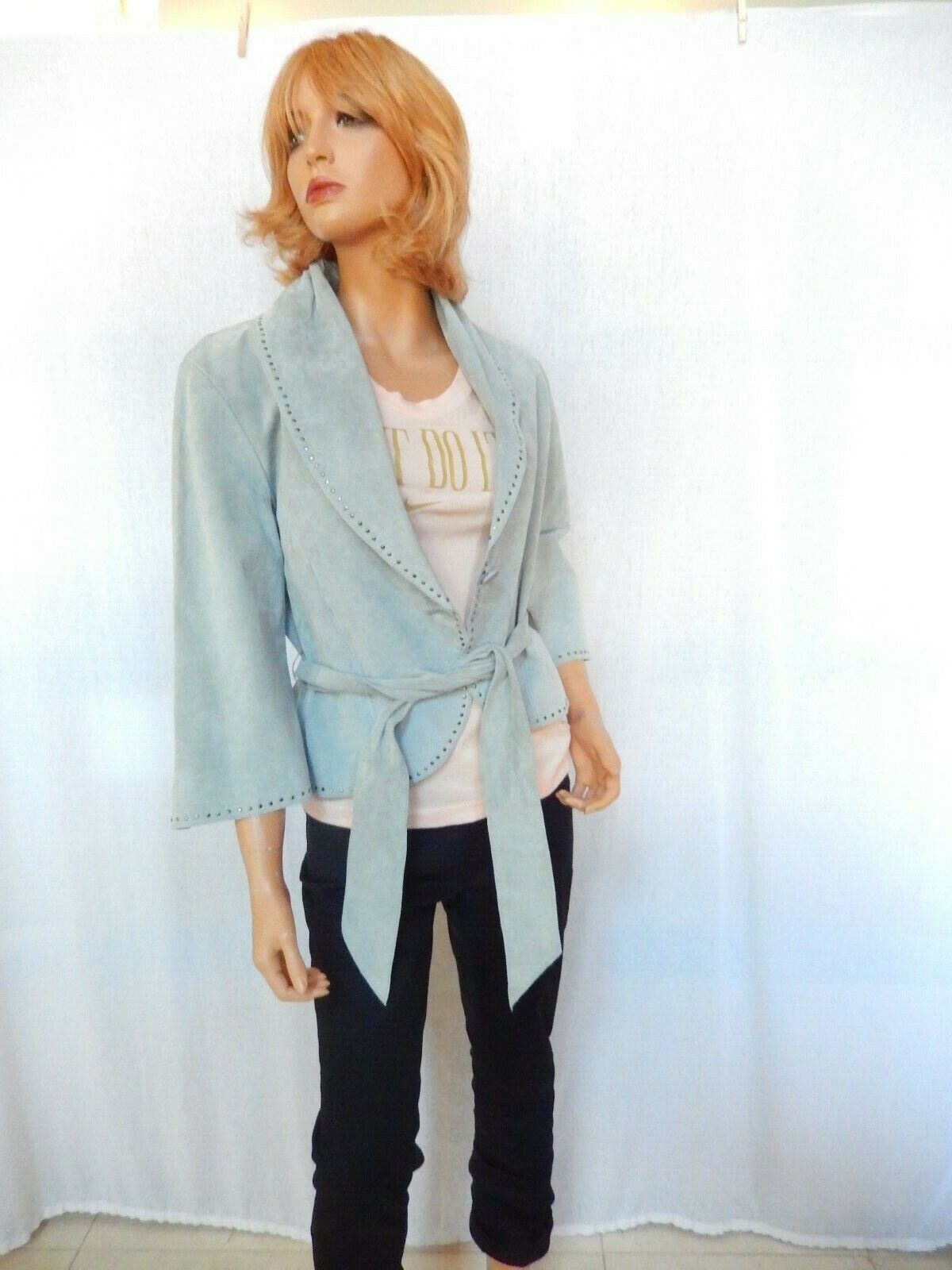 NWT $268 KAREN KANE Lt Blue Suede Serenity Dropped Collar Designer Jacket Sz M