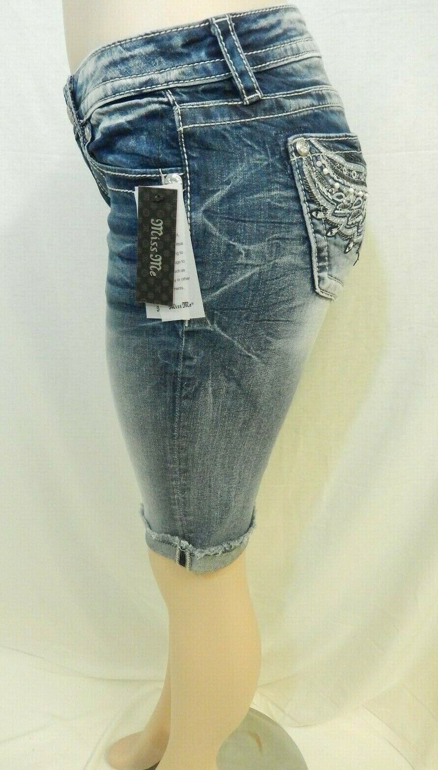 NWT Miss Me  Angel Wings Mid-Rise Medium Wash Bermuda Shorts M3369M Sz 26 x 12"
