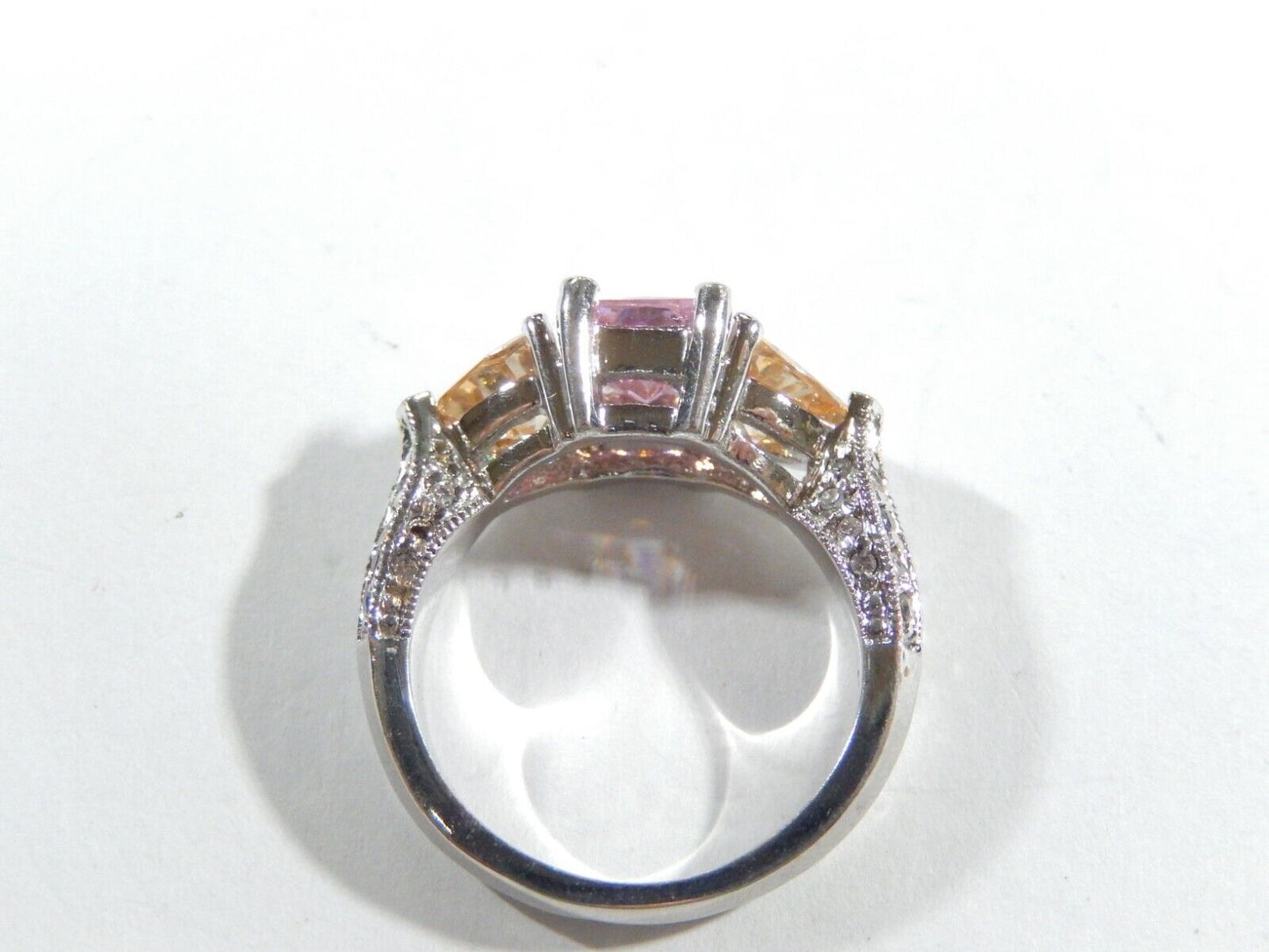 Radiant & Triangle Cut Pink Cubic Zirconia Engagement Ring  Sterling Silver Sz 7