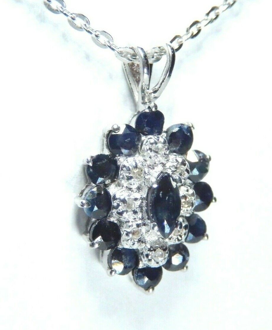 *NWT* 10k White Gold Oval Sapphire And Diamond Pendant with 18" Chain