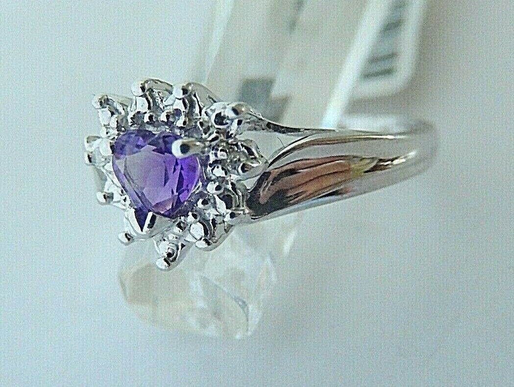 10K White Gold Heart Shape Amethyst & Diamonds Halo Ring Sz 6.5
