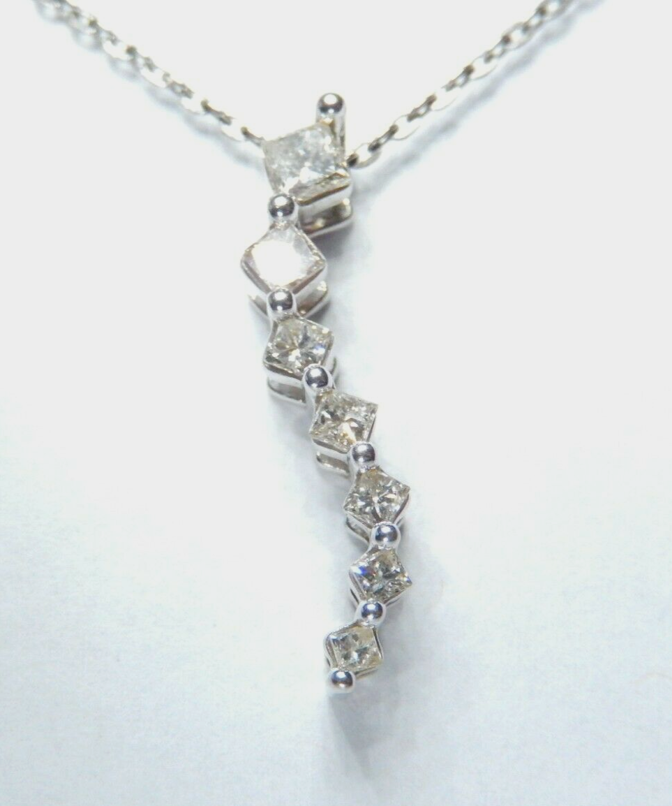 14K White Gold .75CT Princess Cut Natural Diamond Journey Pendant w/18" Chain