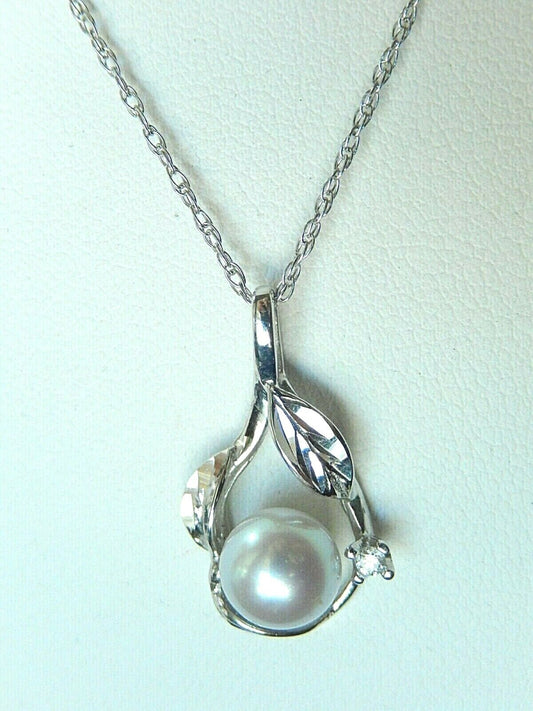 *VINTAGE* 14k Solid White Gold 7mm Cultured Pearl & Diamond Pendant w/18" Chain