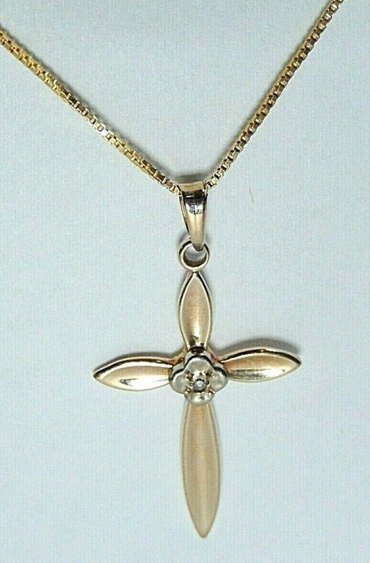 *VINTAGE*  14K YELLOW GOLD DIAMOND CROSS PENDANT w/ 18" CHAIN