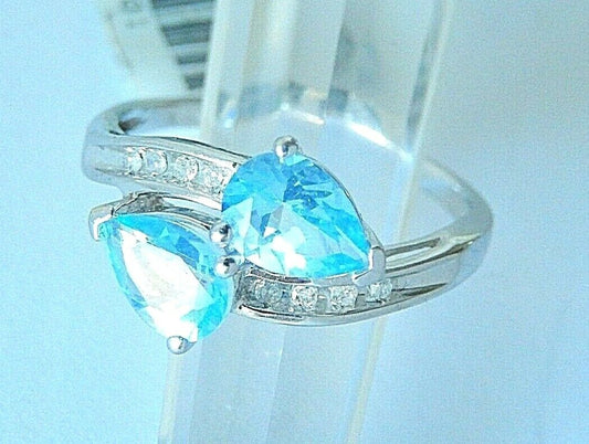 10K White Gold "FOREVER US" Two Stone Blue Topaz and  Diamond Ring Size 8.5