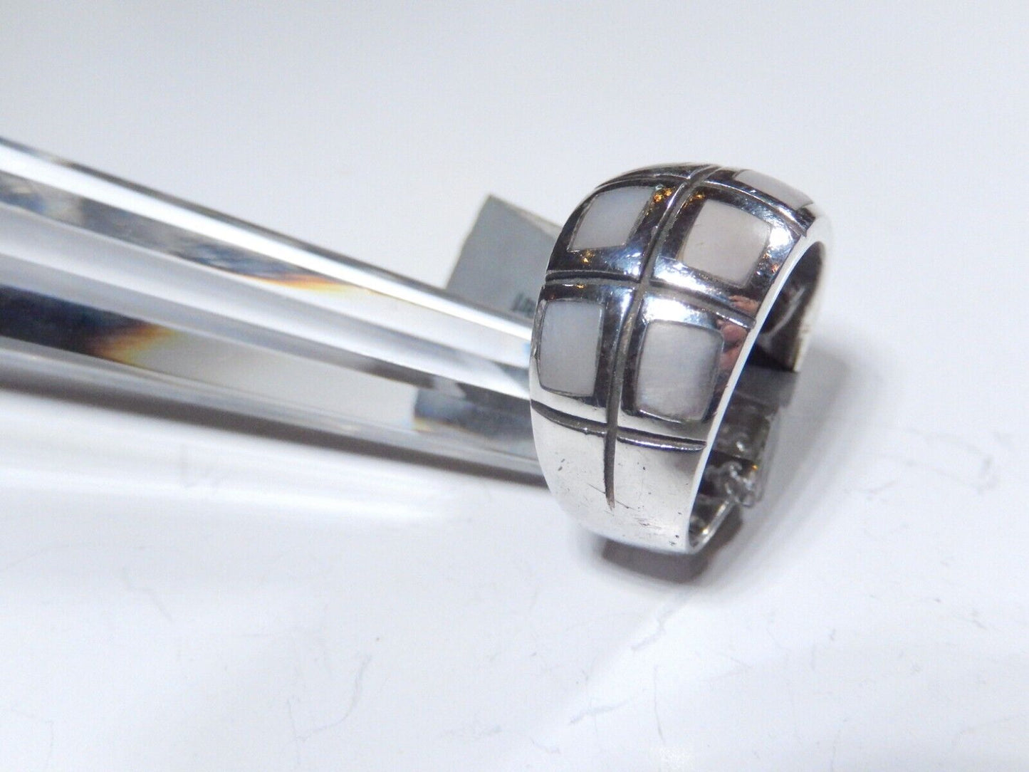 *VINTAGE*  Sterling Silver 12.5mm Wide Band Inlay Mother of Pearl Ring Sz 7