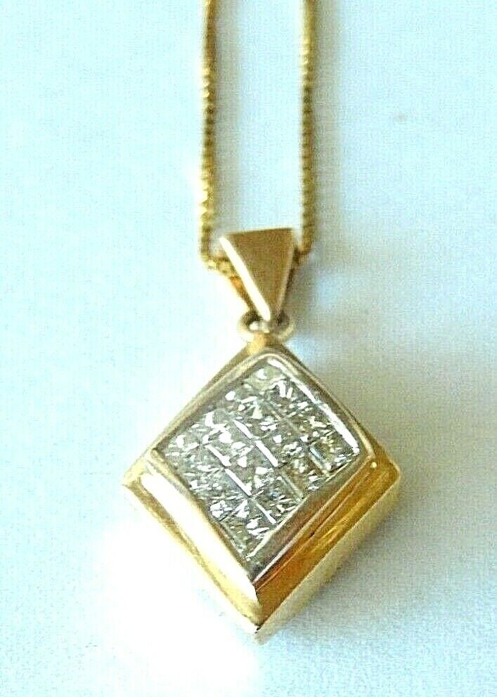*VINTAGE*  14K Yellow Gold 1CT VS Princess Cut Diamond Pendant With 18" Chain