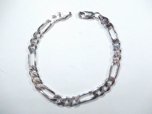 8"  Sterling Silver 6.5mm Wide Figaro Link Chain Bracelet 13.5gms