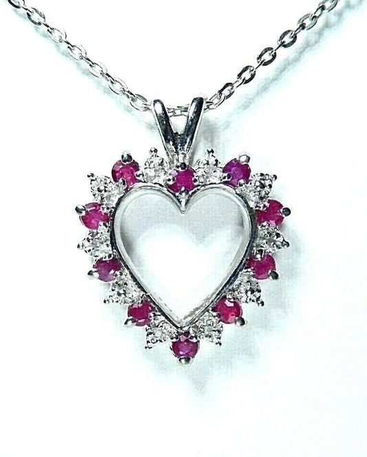 *NWT*  10k White Gold Natural Ruby & Diamond Open Heart  Pendant w/18" Chain