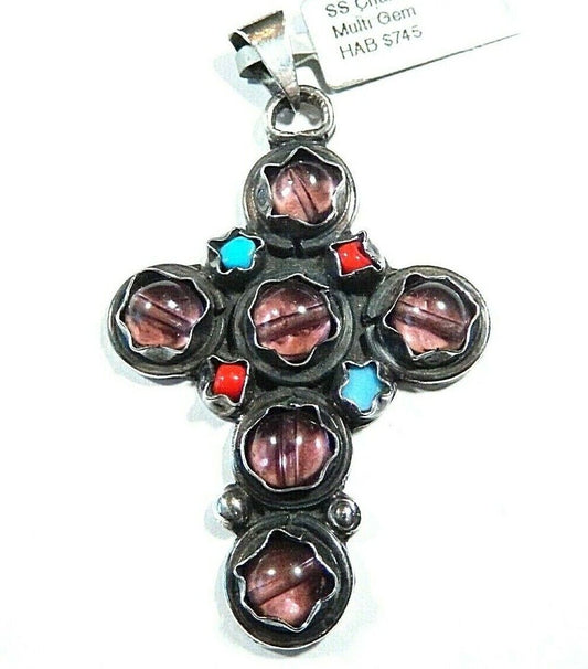 *VINTAGE*  LARGE Taxco Mexico Sterling Silver Multi Gem Cross Pendant Signed