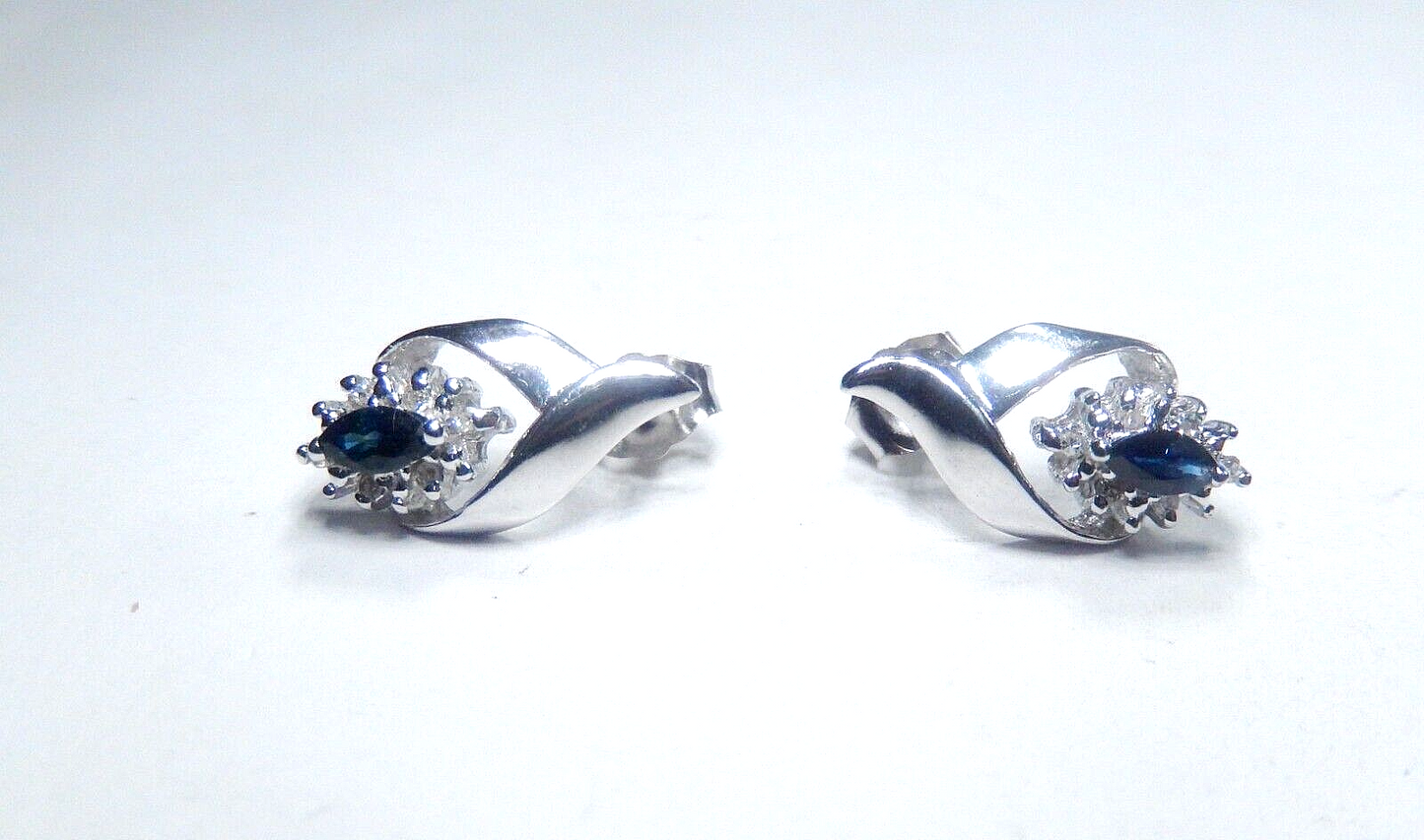 10k White Gold Natural Marquise Sapphire And Diamond Stud Earrings