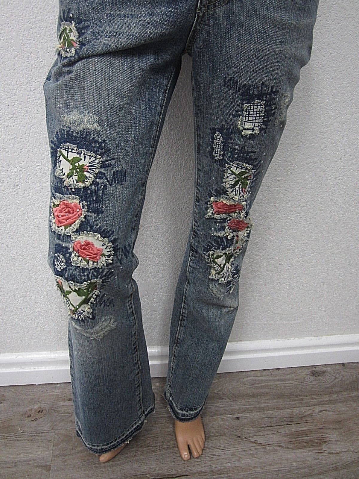 NICEMISS ME JP4152F Denim Embroidery Holes Patchwork Flowers Flare Jeans 26 x 33
