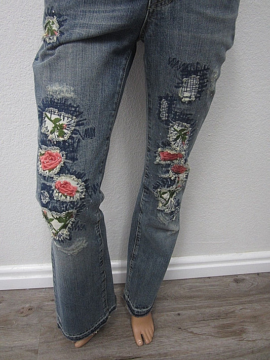 NICEMISS ME JP4152F Denim Embroidery Holes Patchwork Flowers Flare Jeans 26 x 33