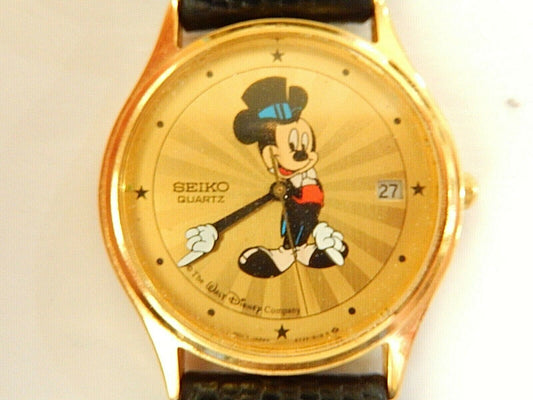 RARE SEIKO MICKEY MOUSE 5Y22-8118 MENS GOLD SUNBURST 33mm WATCH NEW BATTERY