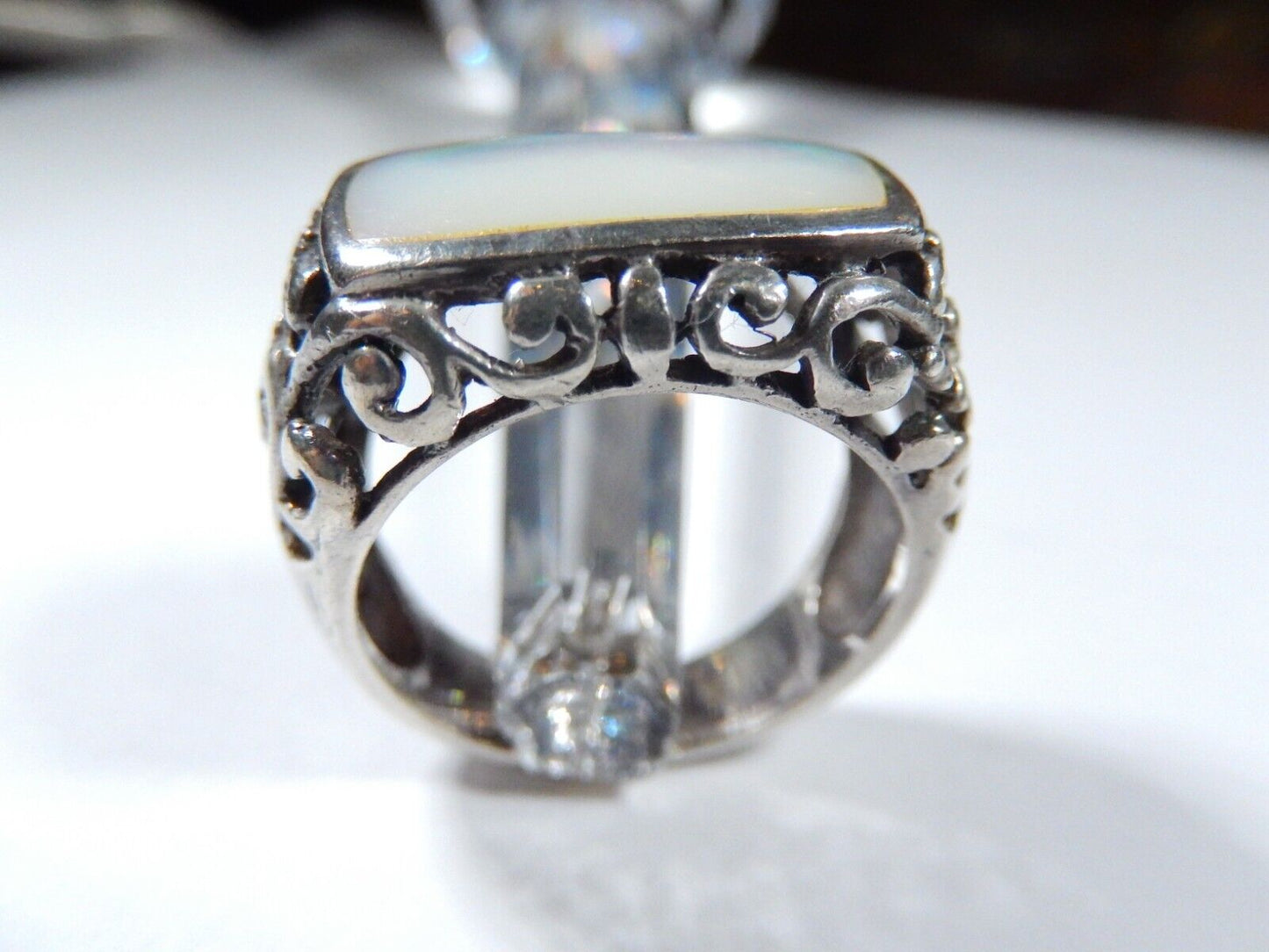 *VINTAGE*  Sterling Silver Mother of Pearl Filigree Ring   size 8.25