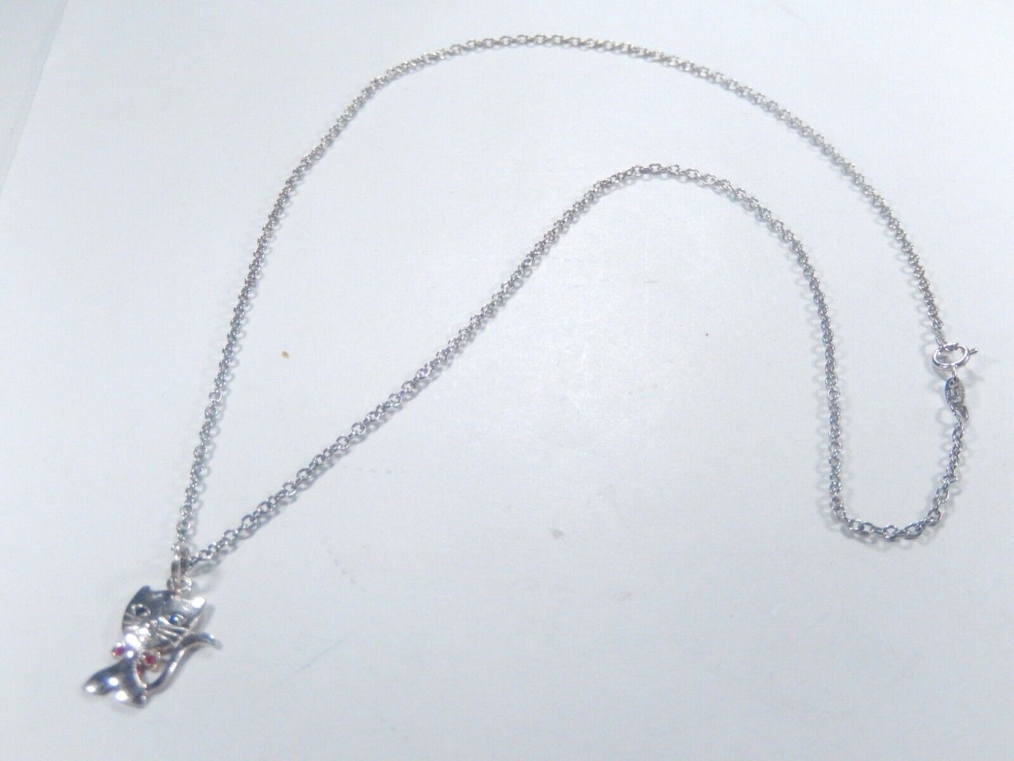 *VINTAGE* Sterling Silver Lab Created Sapphire & Ruby Kitty Cat Pendant Necklace