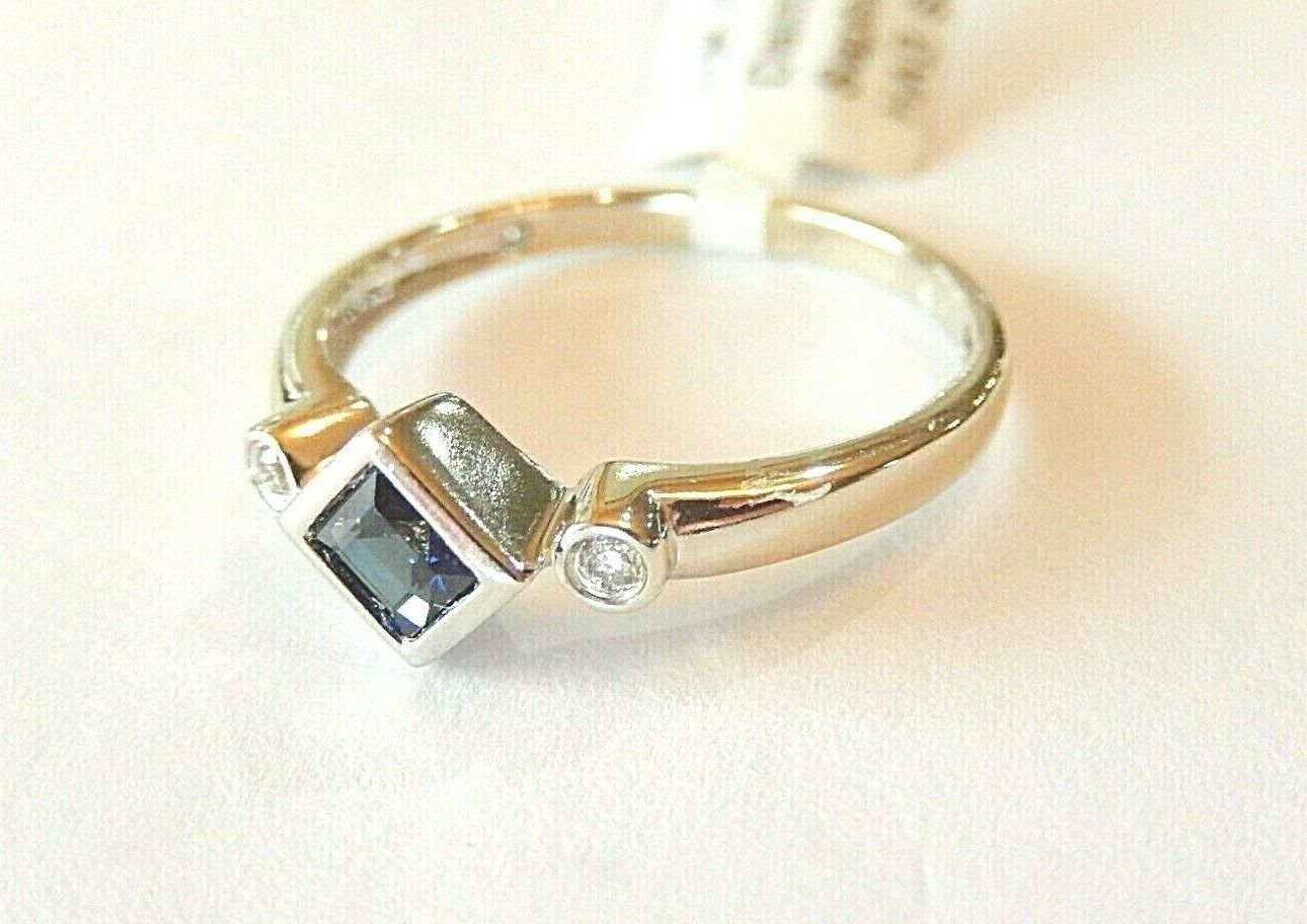 *NWT* 10k White Gold Princess Cut Sapphire And Two Diamond Ring Size 7.75