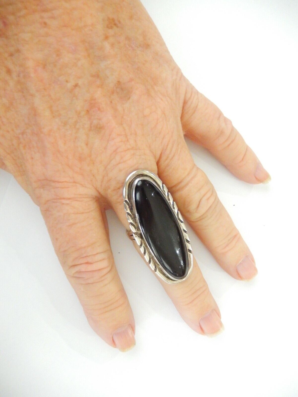 *VINTAGE* HUGE 2 3/8" Native American NAKAI Black Onyx Sterling 925 Ring Size 13